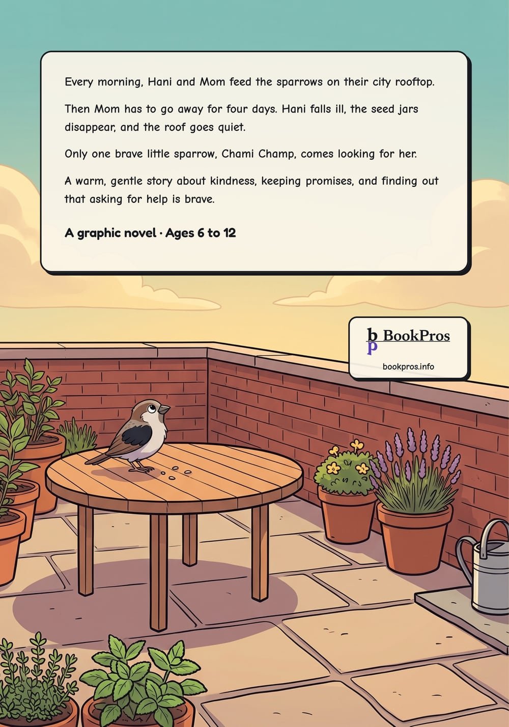 Back cover: Chami Champ alone on the empty roof table, with the story blurb