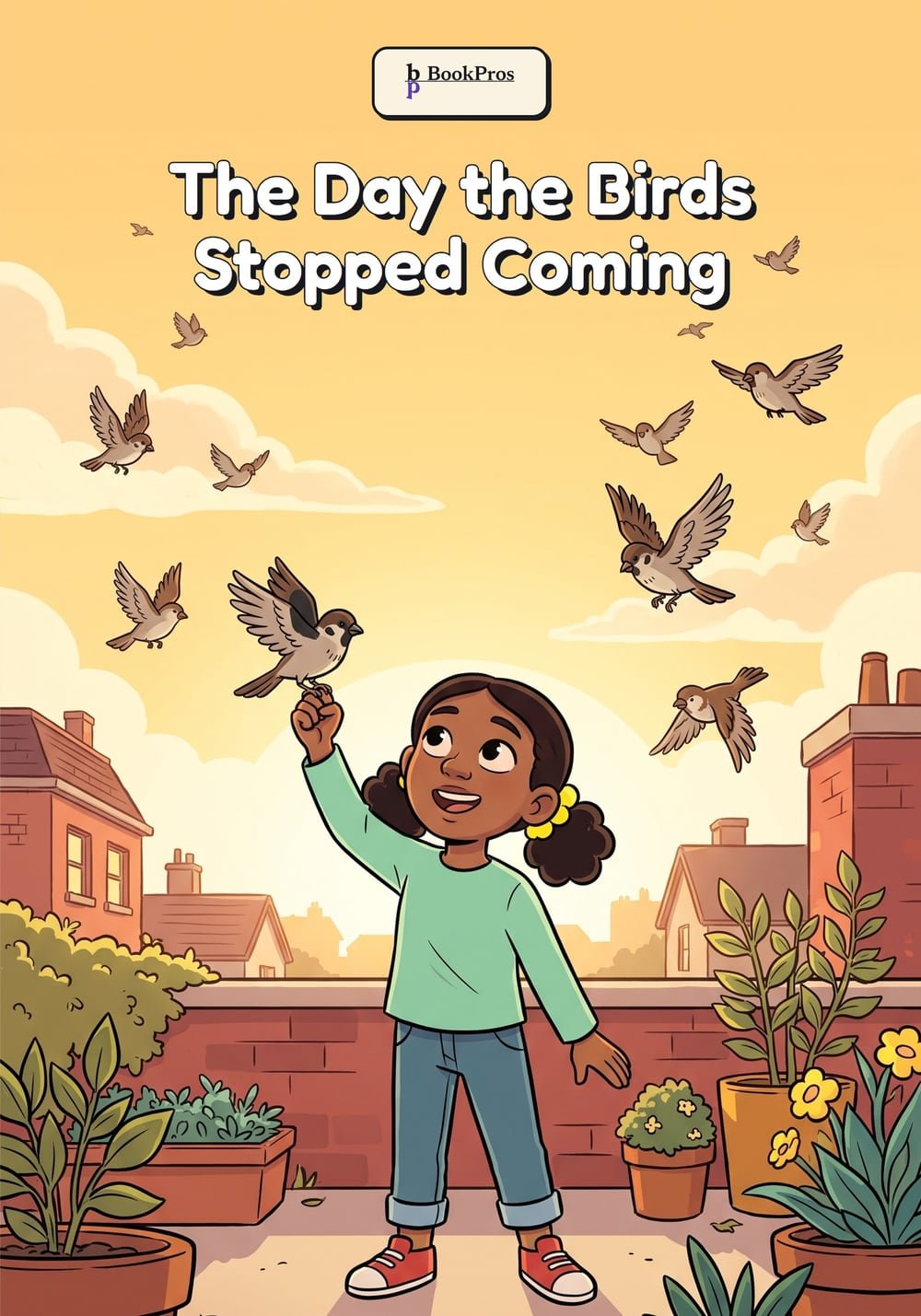 Front cover of The Day the Birds Stopped Coming: Hani on a city rooftop at sunrise with Chami Champ the sparrow on her hand