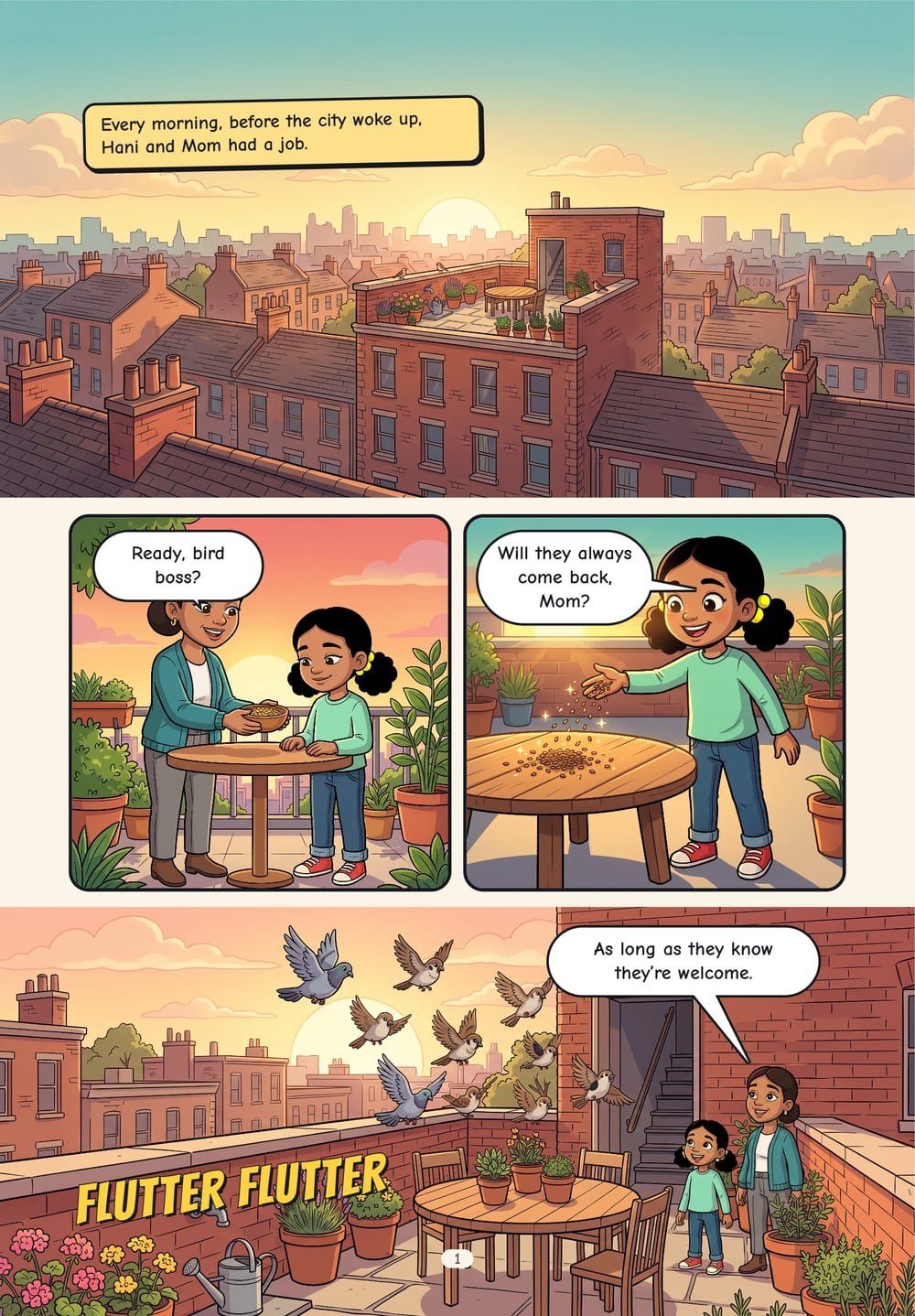 Page 1: dawn over the city rooftops, Hani and Mom feed the sparrows