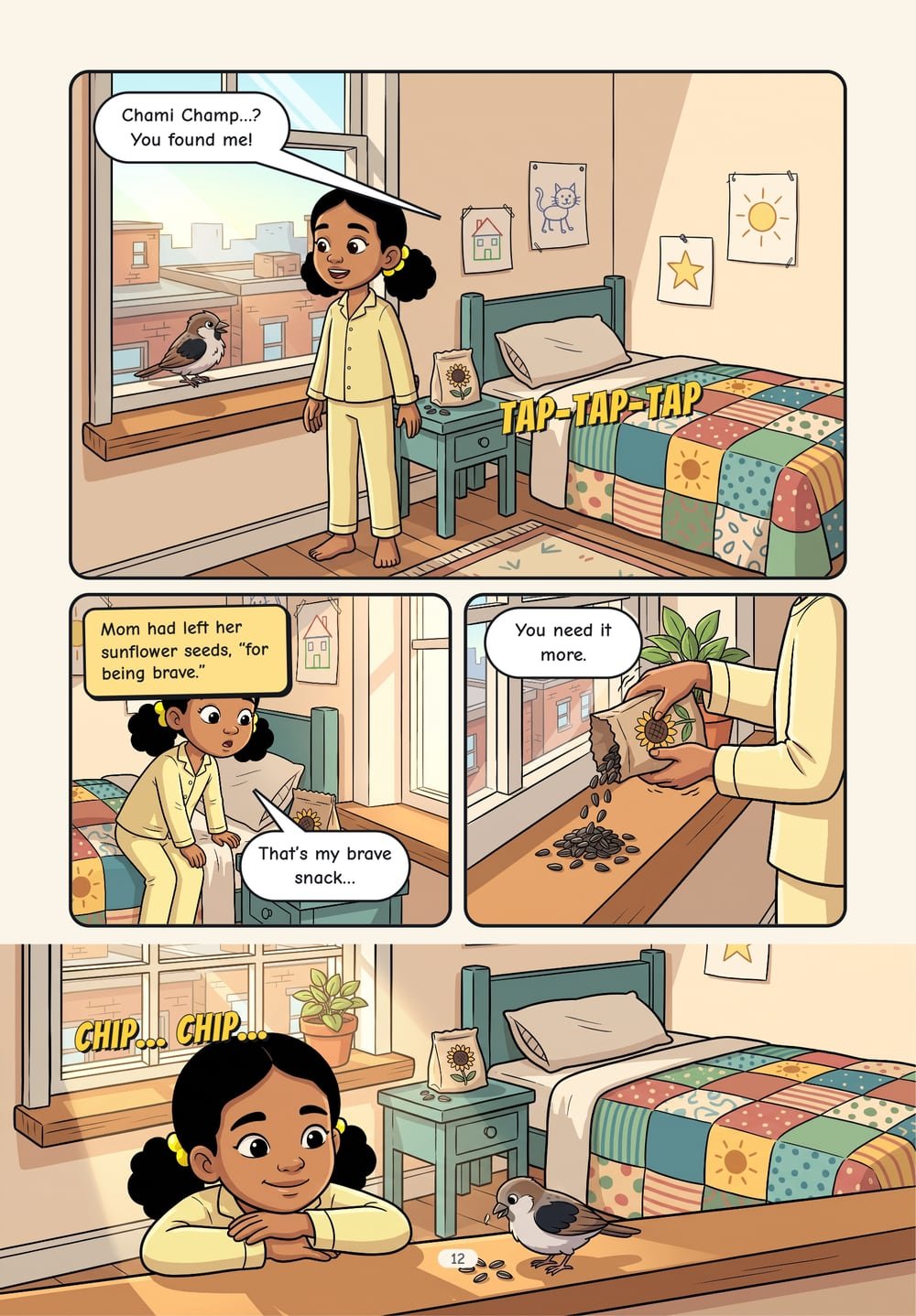 Page 12: Chami Champ taps at the window and Hani gives him her sunflower seeds