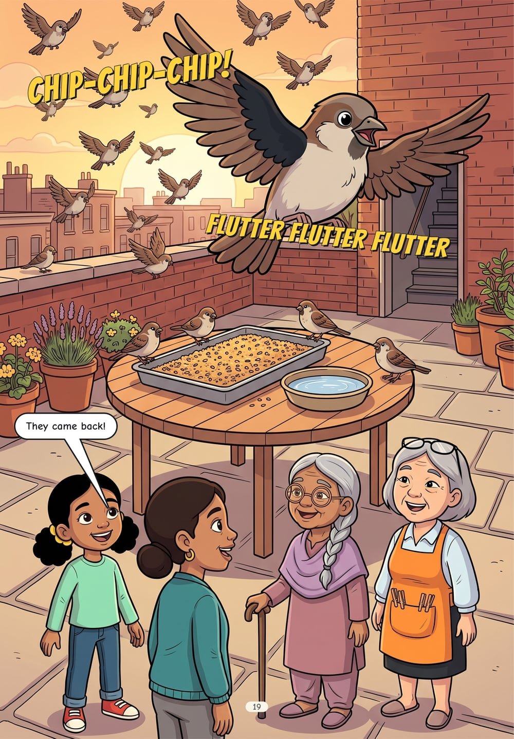 Page 19: the full-page moment when the flock returns to the roof